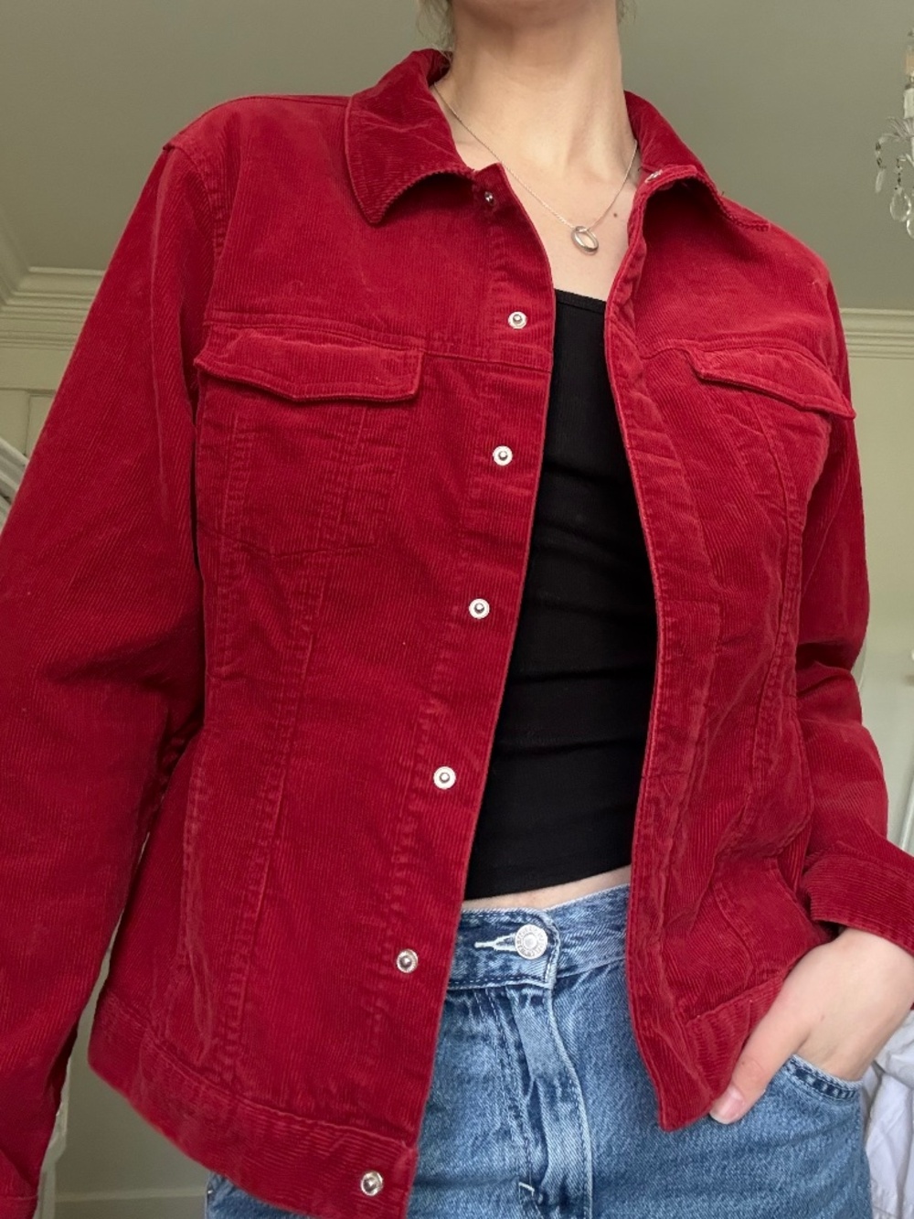 VINTAGE 90s Smart Set corduroy trucker snap-button cherry red jacket